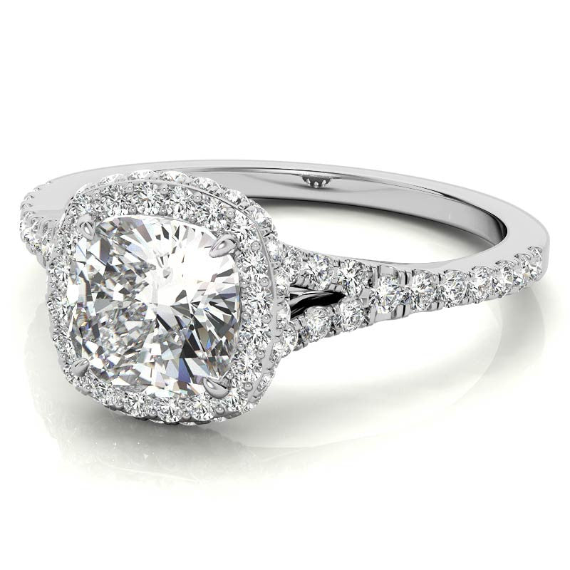 Cushion Encircled Halo Moissanite Split Shank Engagement Ring