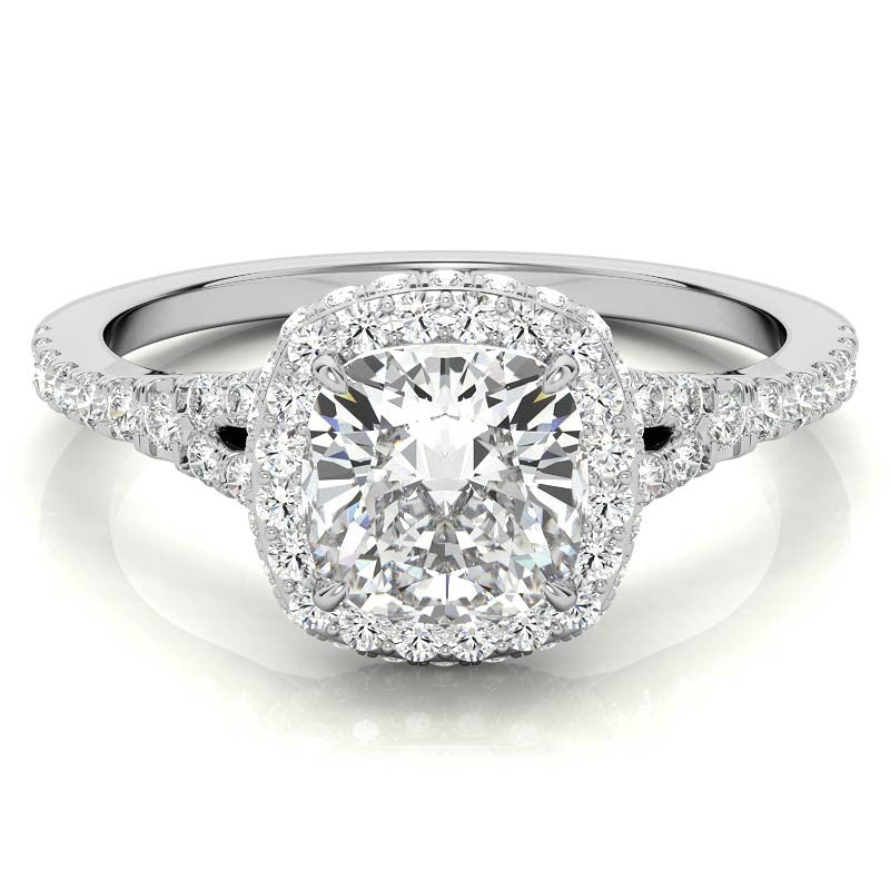 Cushion Encircled Halo Moissanite Split Shank Engagement Ring