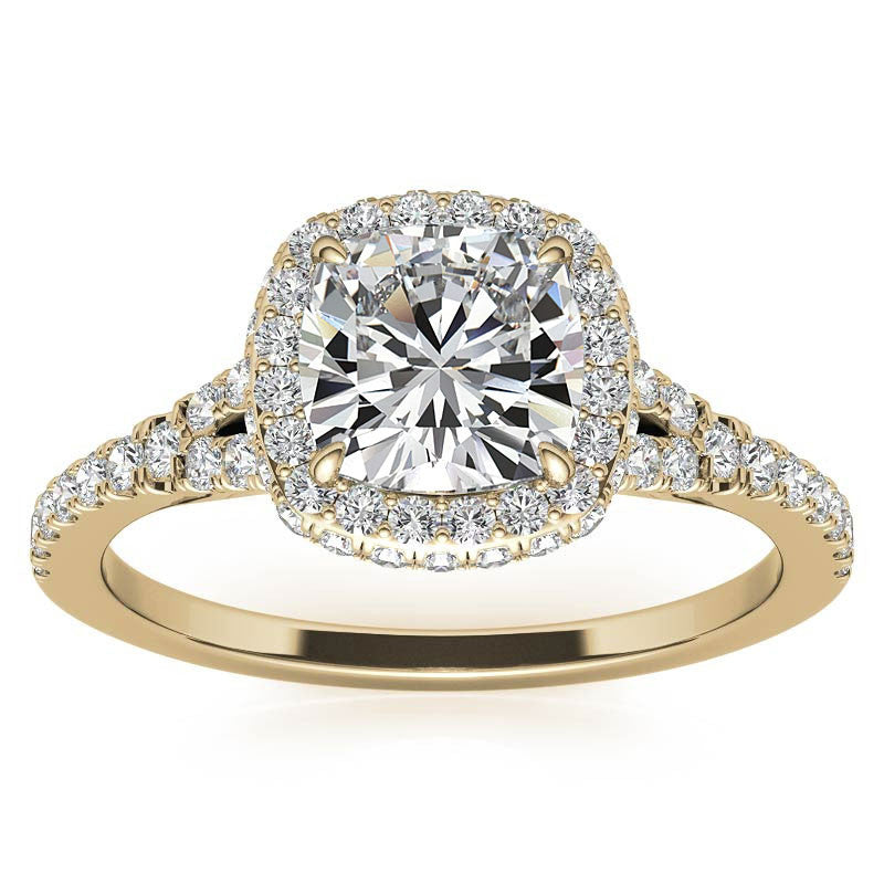 Cushion Encircled Halo Moissanite Split Shank Engagement Ring
