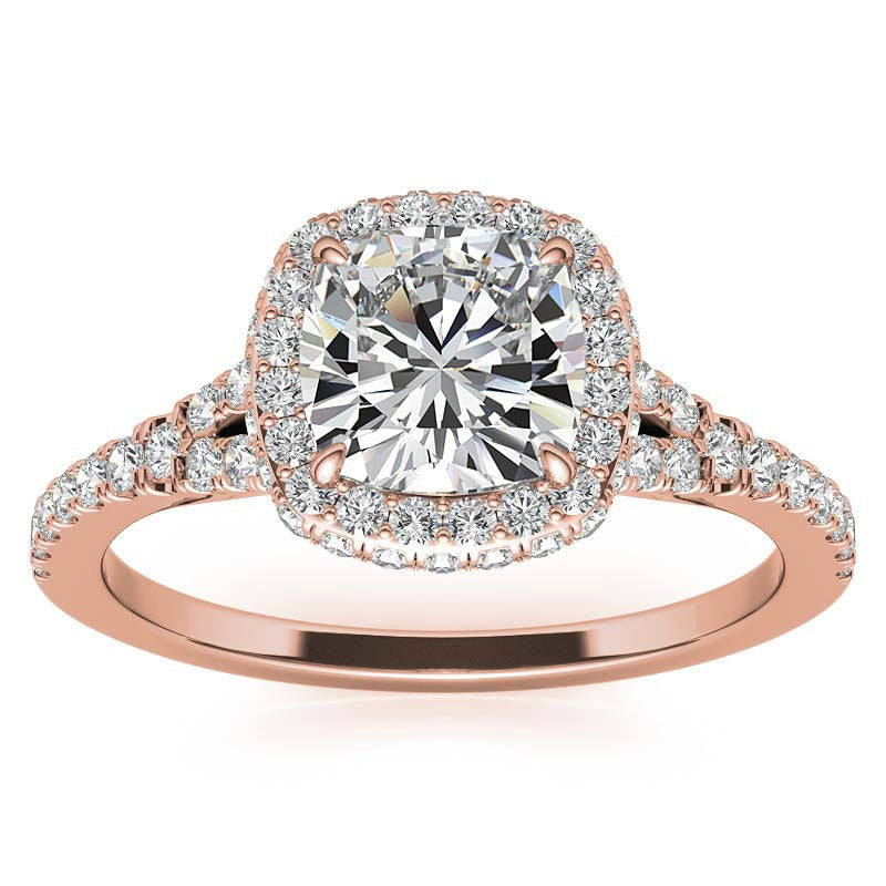 Cushion Encircled Halo Moissanite Split Shank Engagement Ring