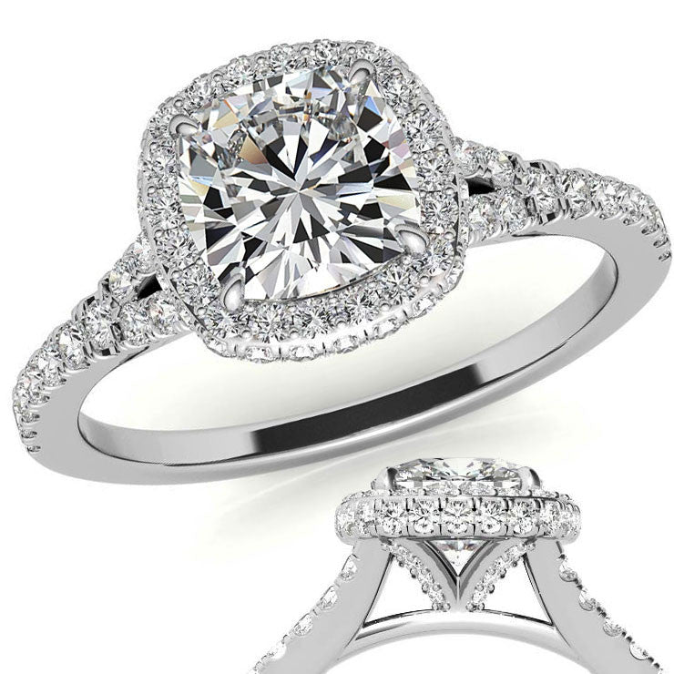 Cushion Encircled Halo Moissanite Split Shank Engagement Ring