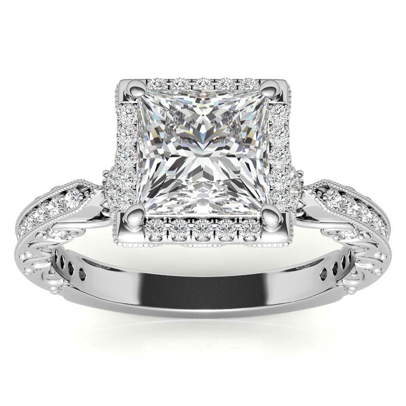 Princess cut Moissanite Antique Scroll Halo Engagement Ring with Milgrain