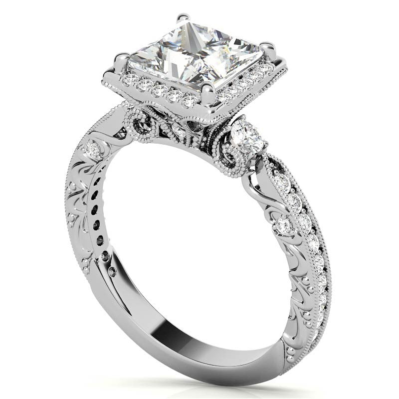 Princess cut Moissanite Antique Scroll Halo Engagement Ring with Milgrain