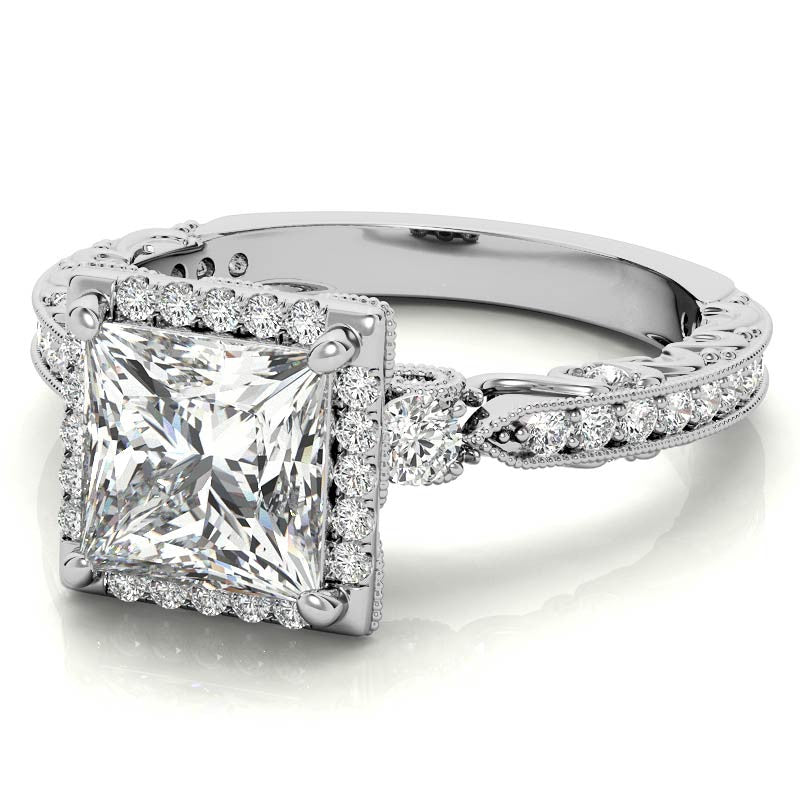 Princess cut Moissanite Antique Scroll Halo Engagement Ring with Milgrain