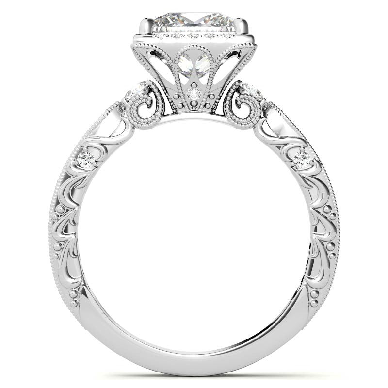 Princess cut Moissanite Antique Scroll Halo Engagement Ring with Milgrain