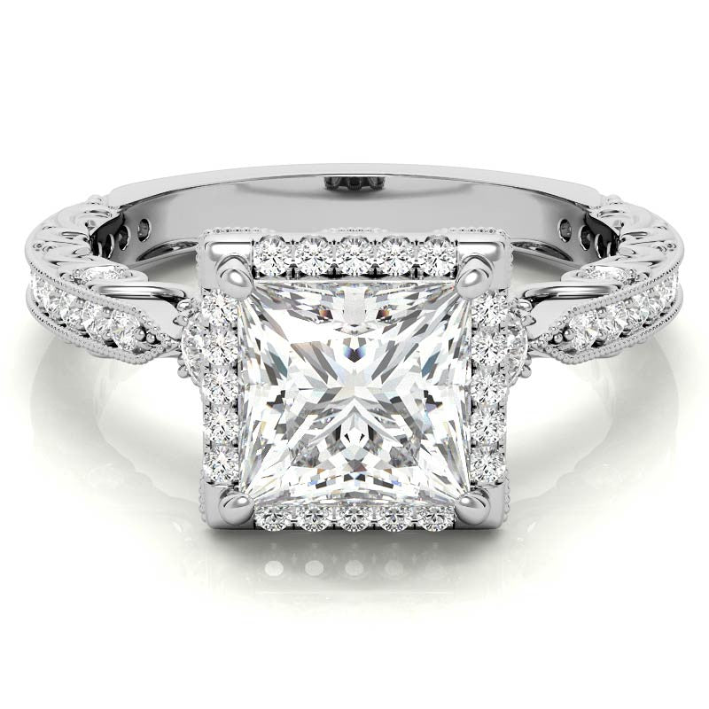 Princess cut Moissanite Antique Scroll Halo Engagement Ring with Milgrain