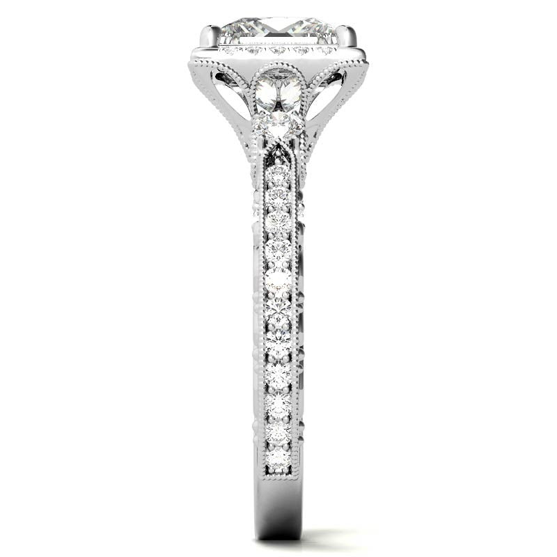 Princess cut Moissanite Antique Scroll Halo Engagement Ring with Milgrain