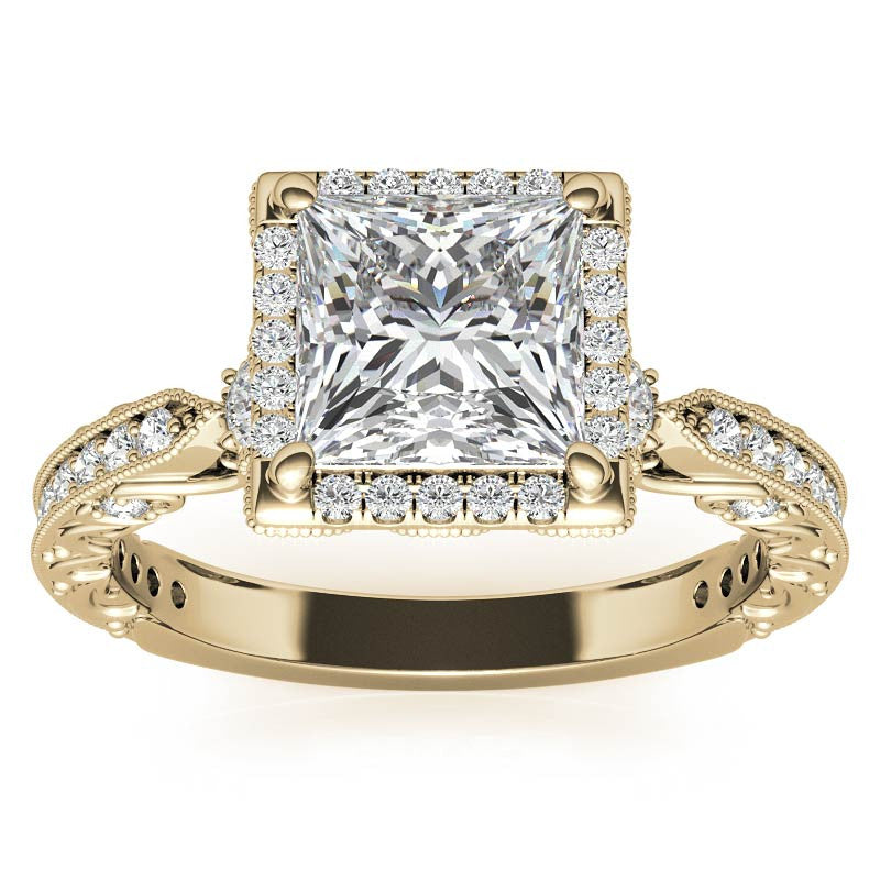 Princess cut Moissanite Antique Scroll Halo Engagement Ring with Milgrain
