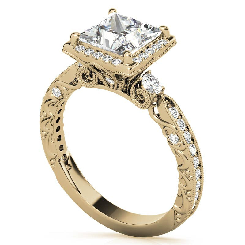 Princess cut Moissanite Antique Scroll Halo Engagement Ring with Milgrain