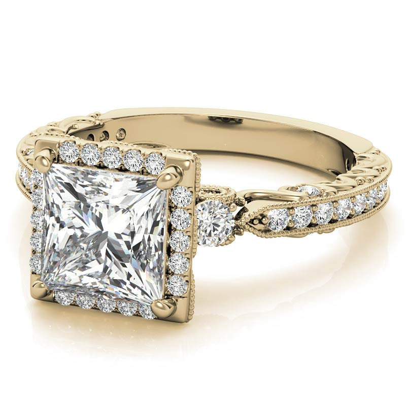 Princess cut Moissanite Antique Scroll Halo Engagement Ring with Milgrain