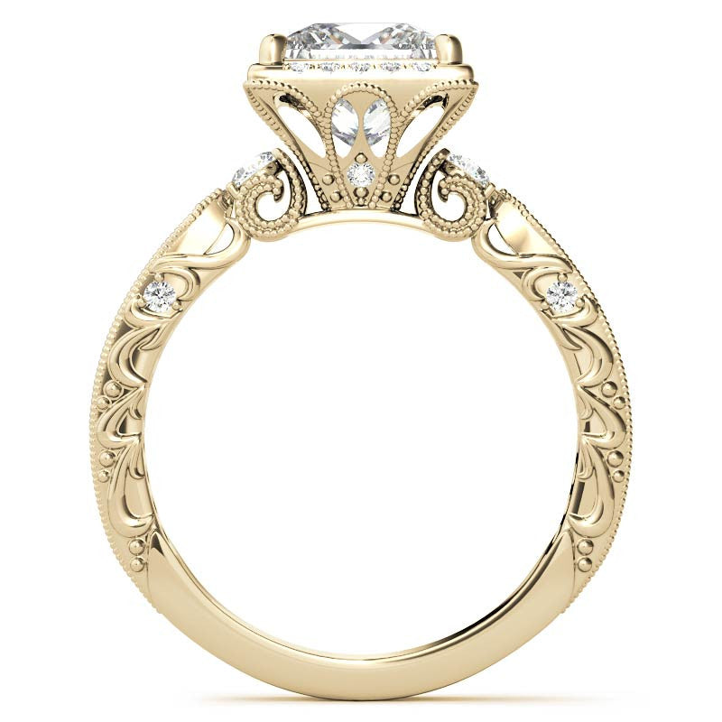 Princess cut Moissanite Antique Scroll Halo Engagement Ring with Milgrain