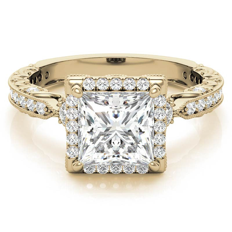 Princess cut Moissanite Antique Scroll Halo Engagement Ring with Milgrain