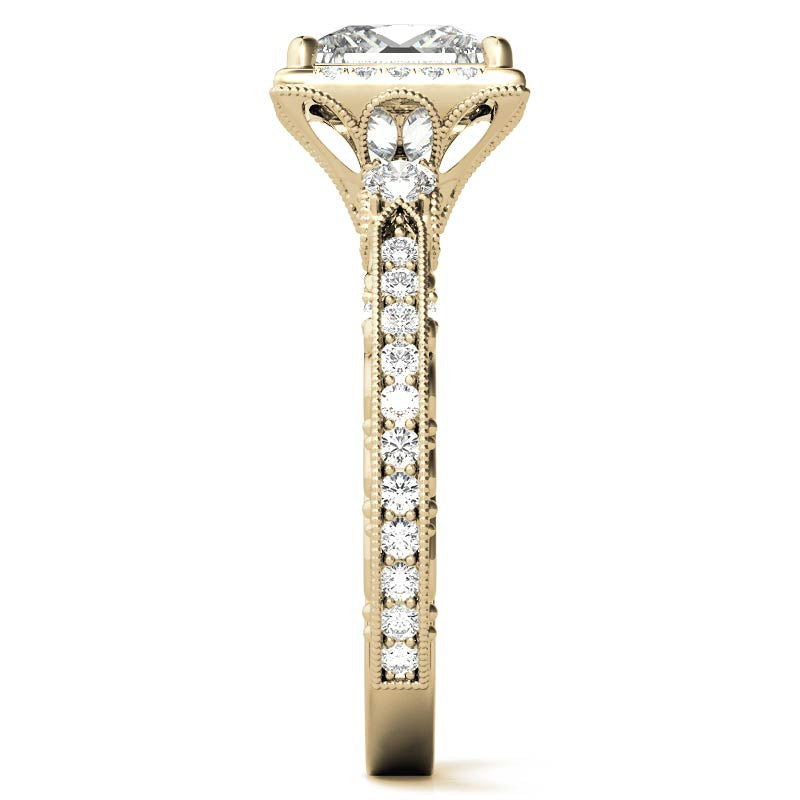 Princess cut Moissanite Antique Scroll Halo Engagement Ring with Milgrain
