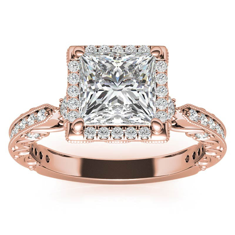 Princess cut Moissanite Antique Scroll Halo Engagement Ring with Milgrain