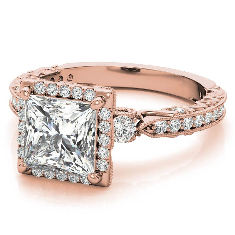 Princess cut Moissanite Antique Scroll Halo Engagement Ring with Milgrain