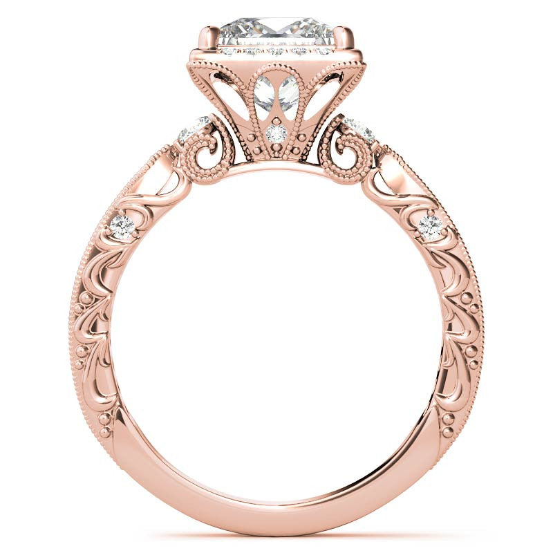 Princess cut Moissanite Antique Scroll Halo Engagement Ring with Milgrain