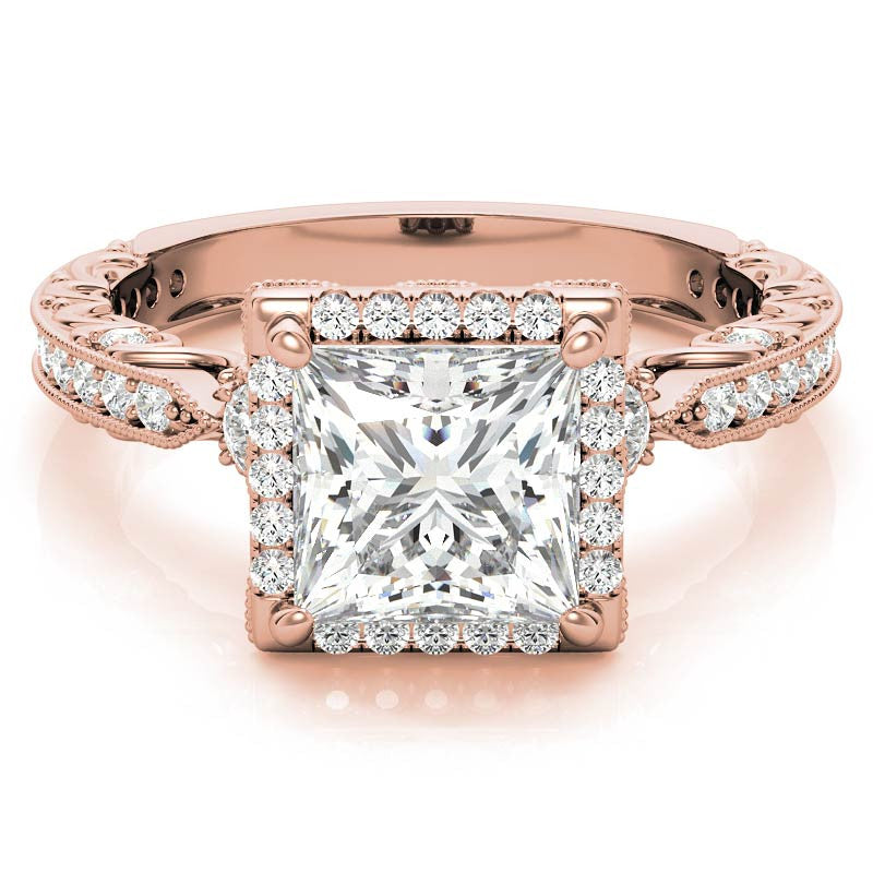 Princess cut Moissanite Antique Scroll Halo Engagement Ring with Milgrain