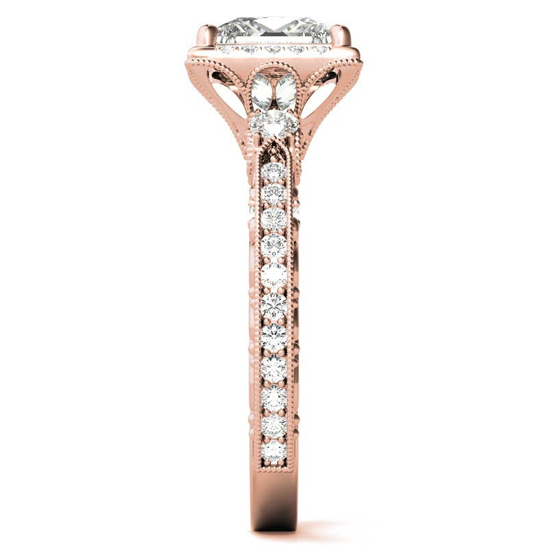 Princess cut Moissanite Antique Scroll Halo Engagement Ring with Milgrain