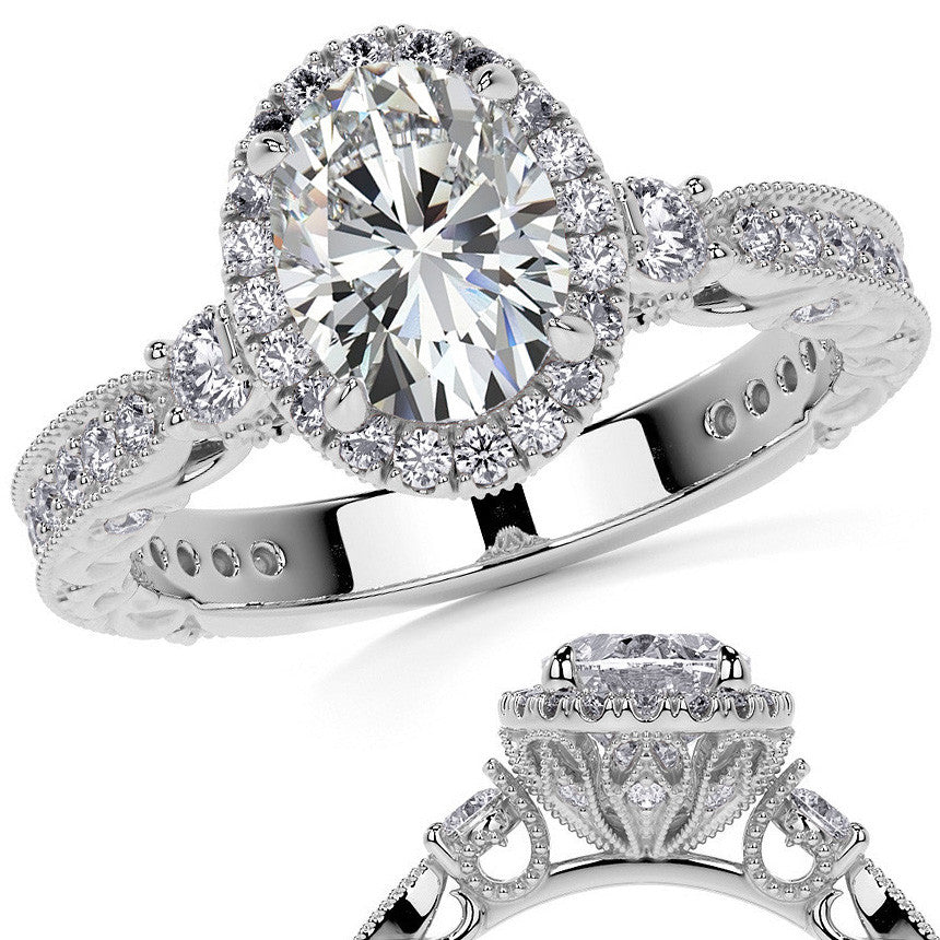 Oval Antique Style Moissanite Engagement Ring with Milgrain