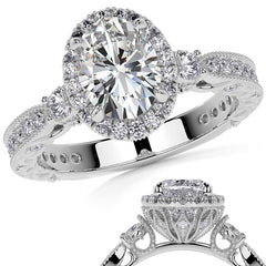 Oval Antique Style Moissanite Engagement Ring with Milgrain