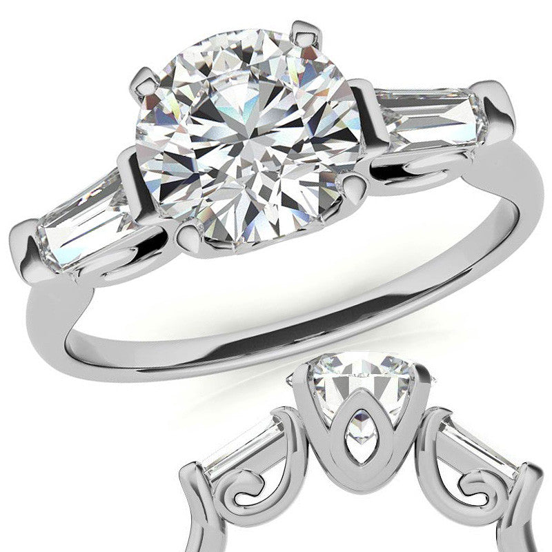 Round and Baguette Scroll Accent Moissanite Engagement Ring