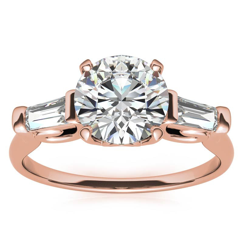 Round and Baguette Scroll Accent Moissanite Engagement Ring