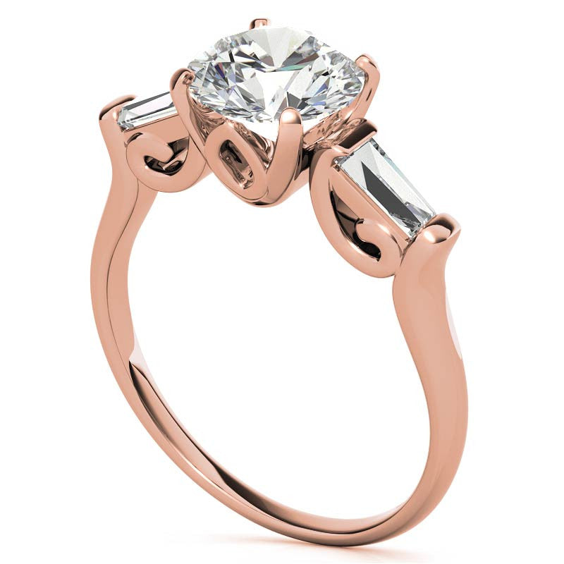 Round and Baguette Scroll Accent Moissanite Engagement Ring