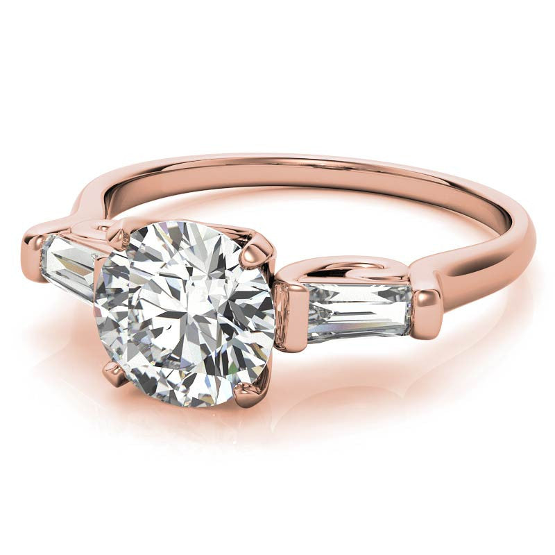 Round and Baguette Scroll Accent Moissanite Engagement Ring