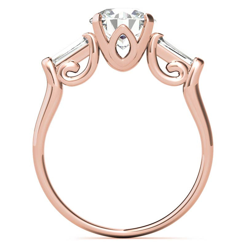 Round and Baguette Scroll Accent Moissanite Engagement Ring