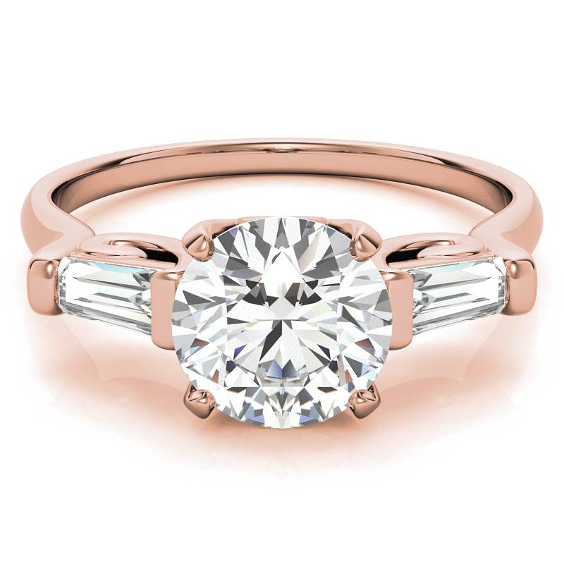 Round and Baguette Scroll Accent Moissanite Engagement Ring
