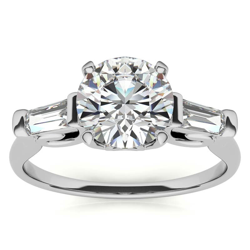 Round and Baguette Scroll Accent Moissanite Engagement Ring