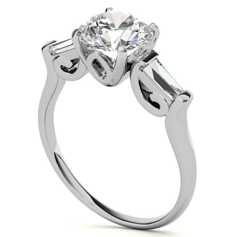 Round and Baguette Scroll Accent Moissanite Engagement Ring