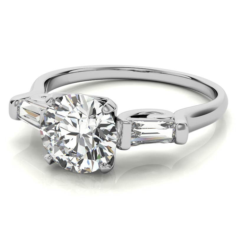 Round and Baguette Scroll Accent Moissanite Engagement Ring