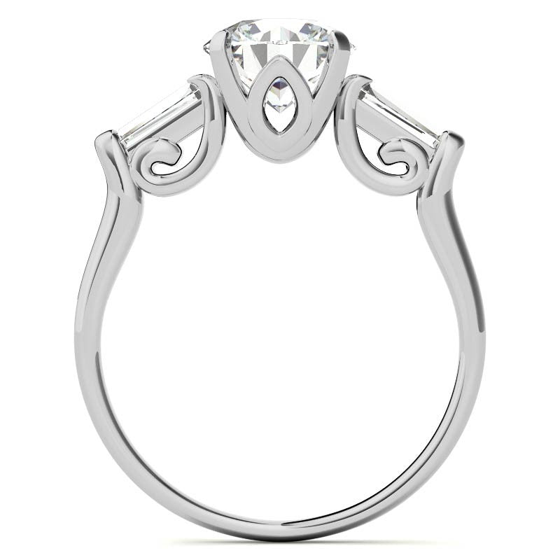 Round and Baguette Scroll Accent Moissanite Engagement Ring
