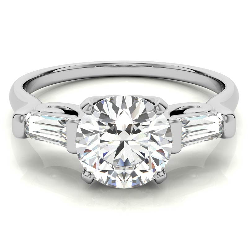 Round and Baguette Scroll Accent Moissanite Engagement Ring