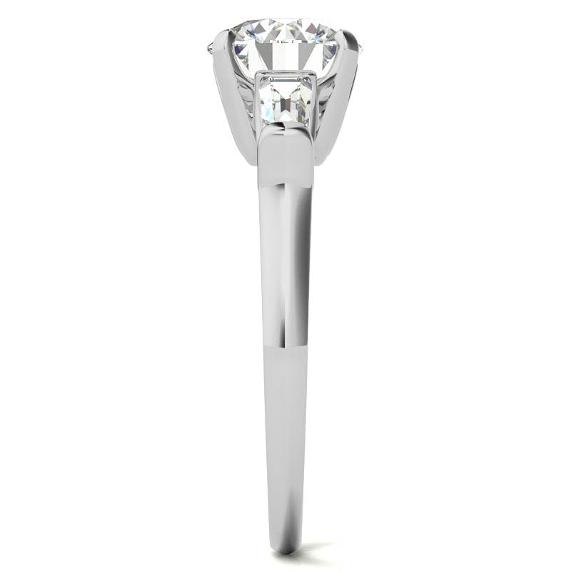 Round and Baguette Scroll Accent Moissanite Engagement Ring
