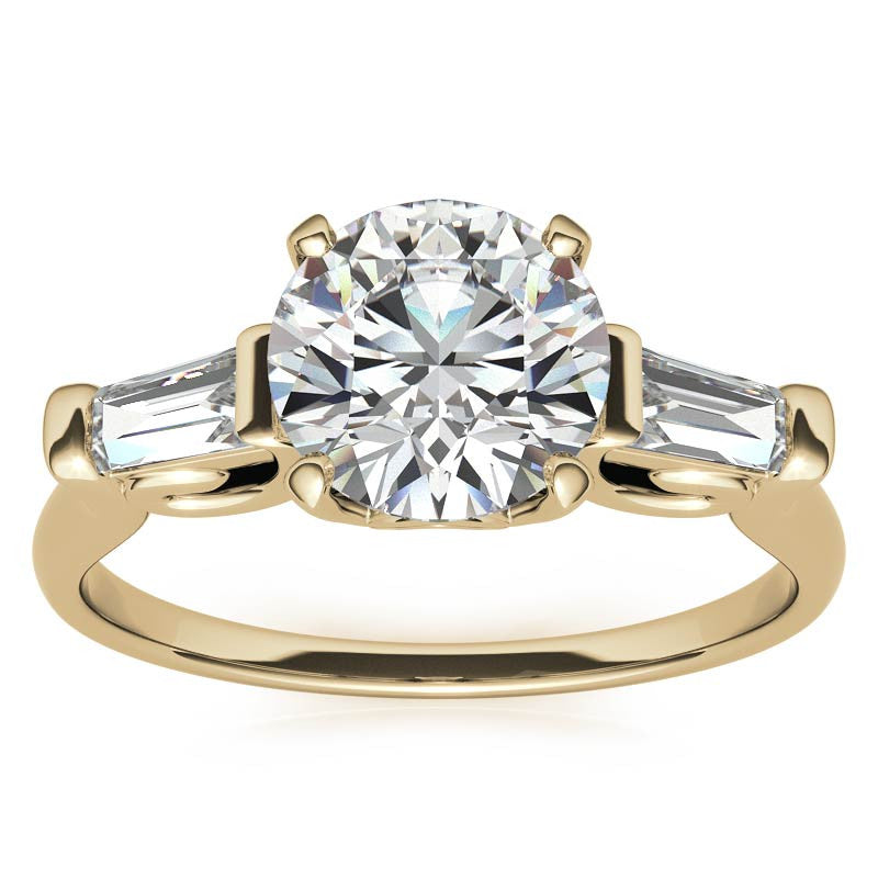 Round and Baguette Scroll Accent Moissanite Engagement Ring