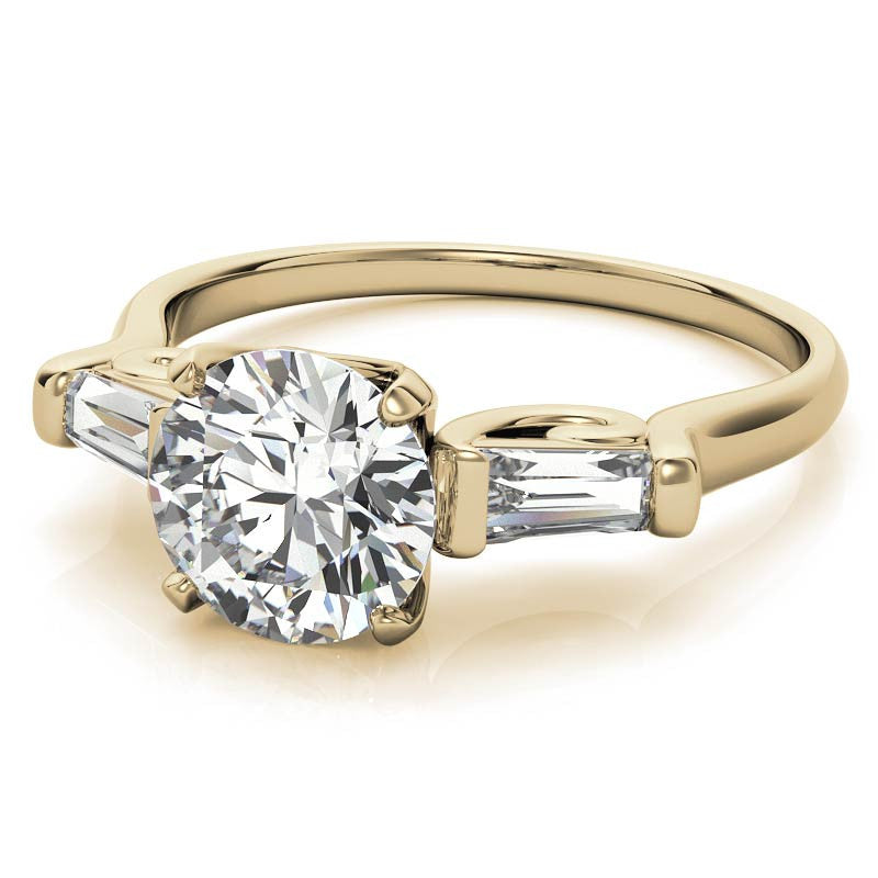 Round and Baguette Scroll Accent Moissanite Engagement Ring