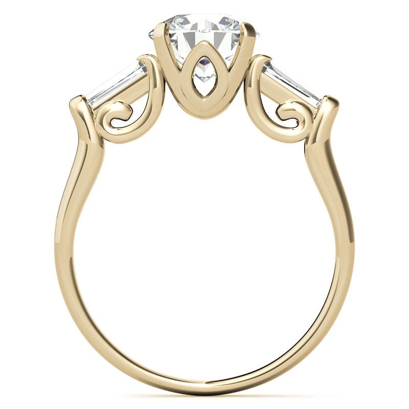 Round and Baguette Scroll Accent Moissanite Engagement Ring