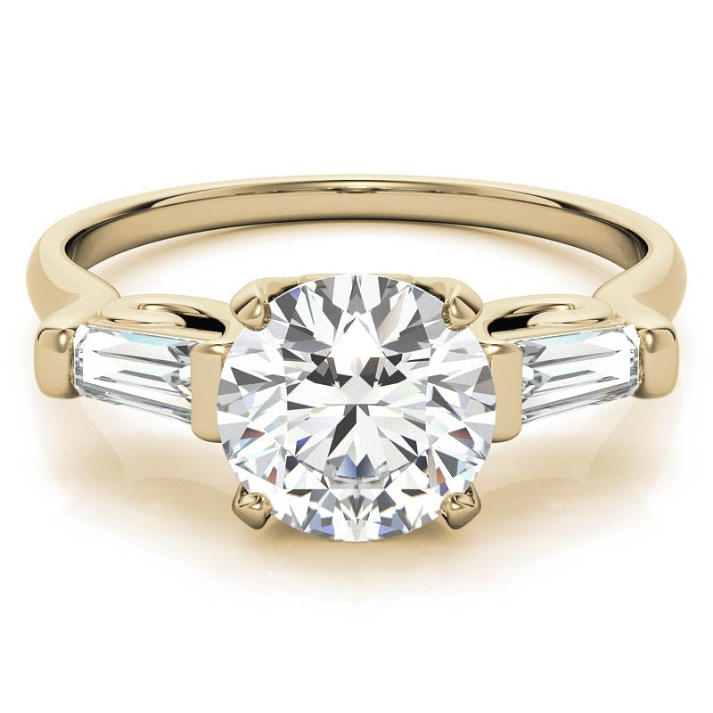 Round and Baguette Scroll Accent Moissanite Engagement Ring
