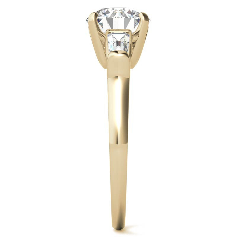 Round and Baguette Scroll Accent Moissanite Engagement Ring