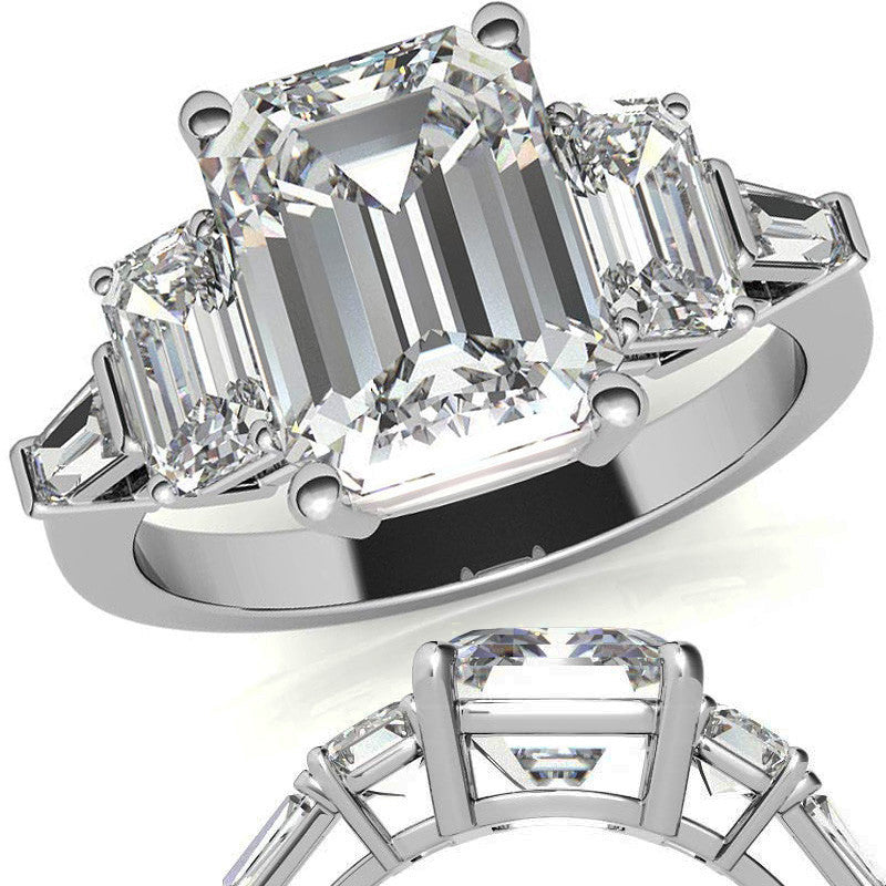 Emerald / Radiant and Baguette Moissanite Engagement Ring