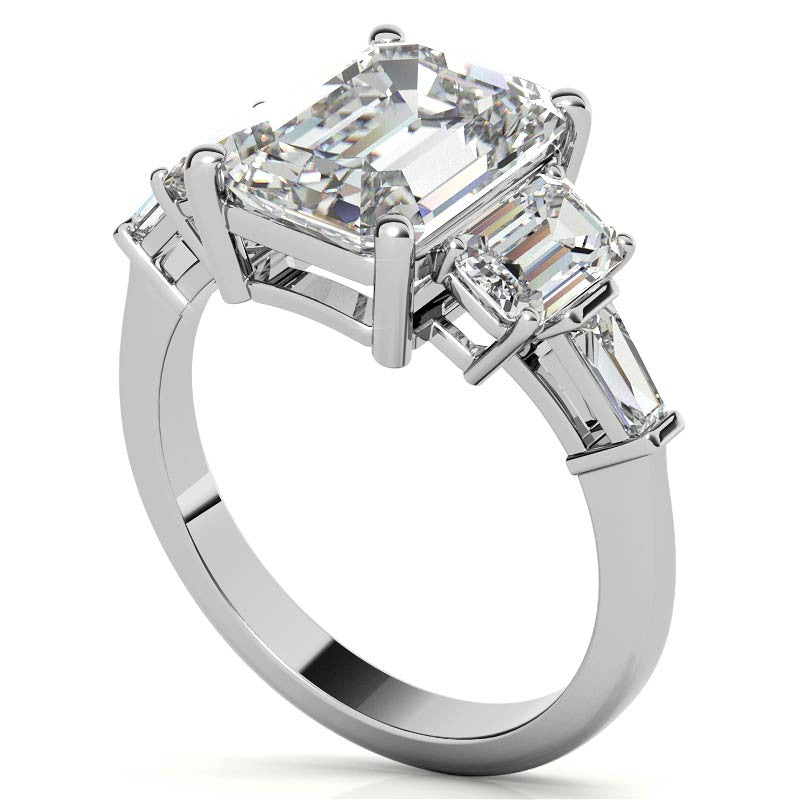 Emerald / Radiant and Baguette Moissanite Engagement Ring