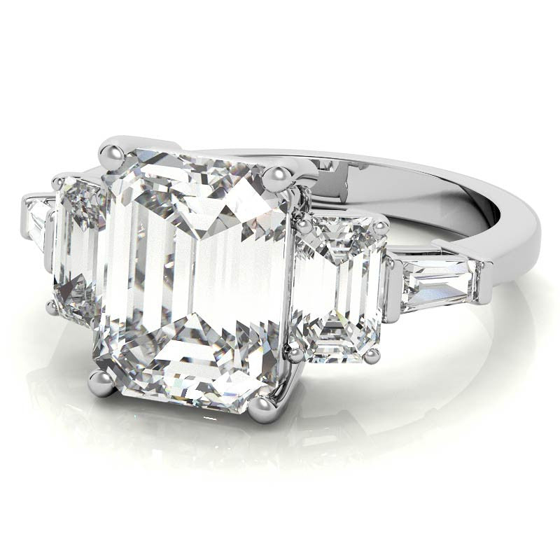Emerald / Radiant and Baguette Moissanite Engagement Ring