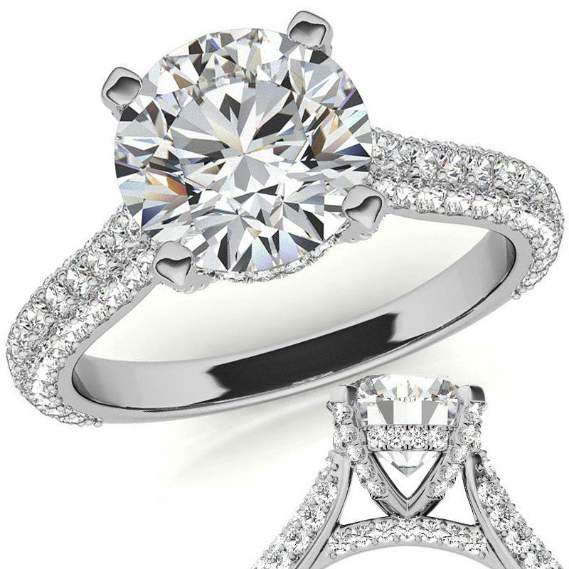 Round Pave Moissanite Cathedral Engagement Ring with Hidden Halo