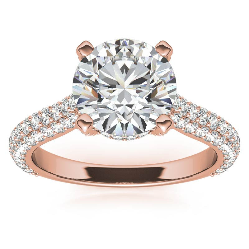 Round Pave Moissanite Cathedral Engagement Ring with Hidden Halo