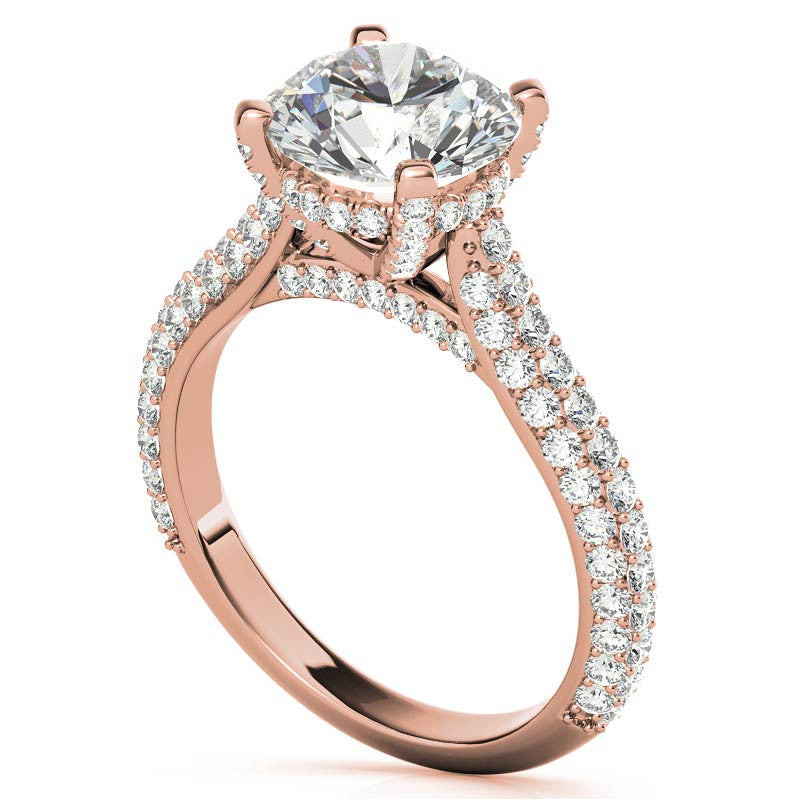 Round Pave Moissanite Cathedral Engagement Ring with Hidden Halo