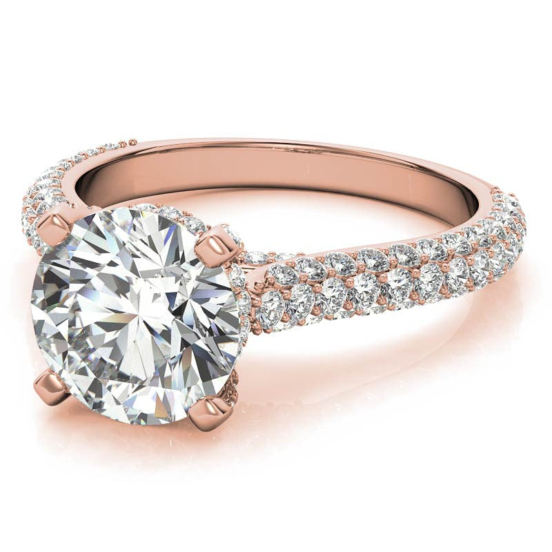 Round Pave Moissanite Cathedral Engagement Ring with Hidden Halo