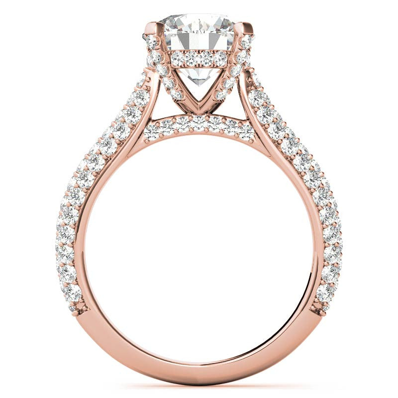 Round Pave Moissanite Cathedral Engagement Ring with Hidden Halo