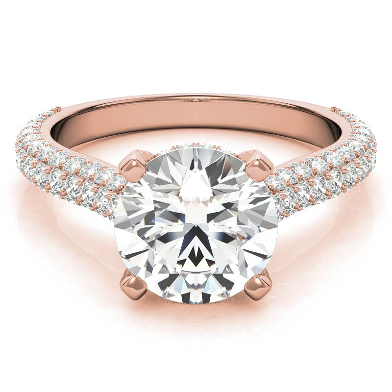 Round Pave Moissanite Cathedral Engagement Ring with Hidden Halo